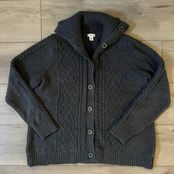 LL Bean Dark Gray Button Up Cable Knit Cowl Neck Sweater XL - Picture 1 of 7